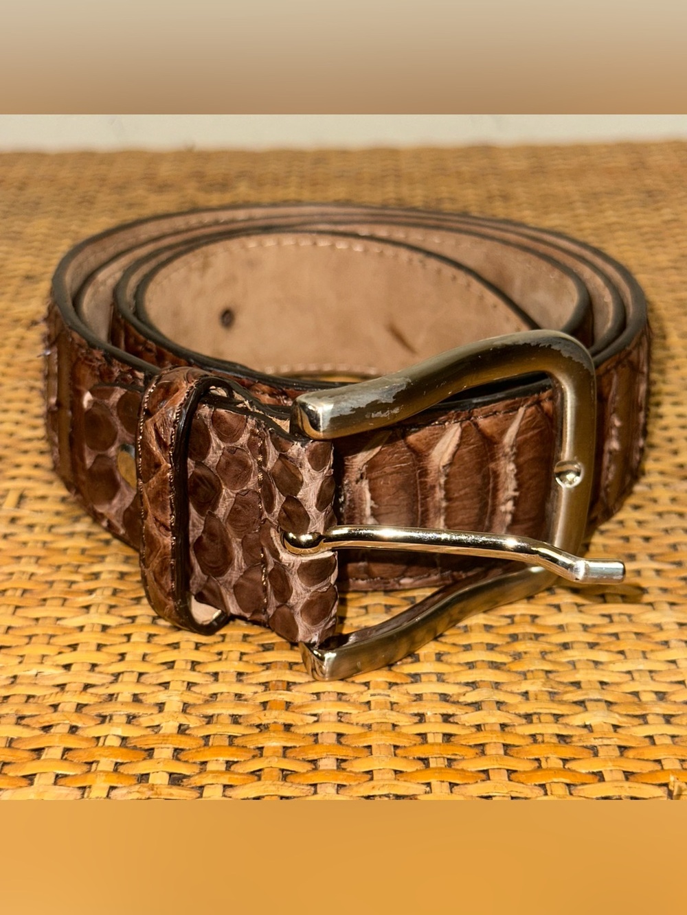 Vintage Python Snake Skin Belt Mens Brown Classic Preppy Old Money Made In Italy